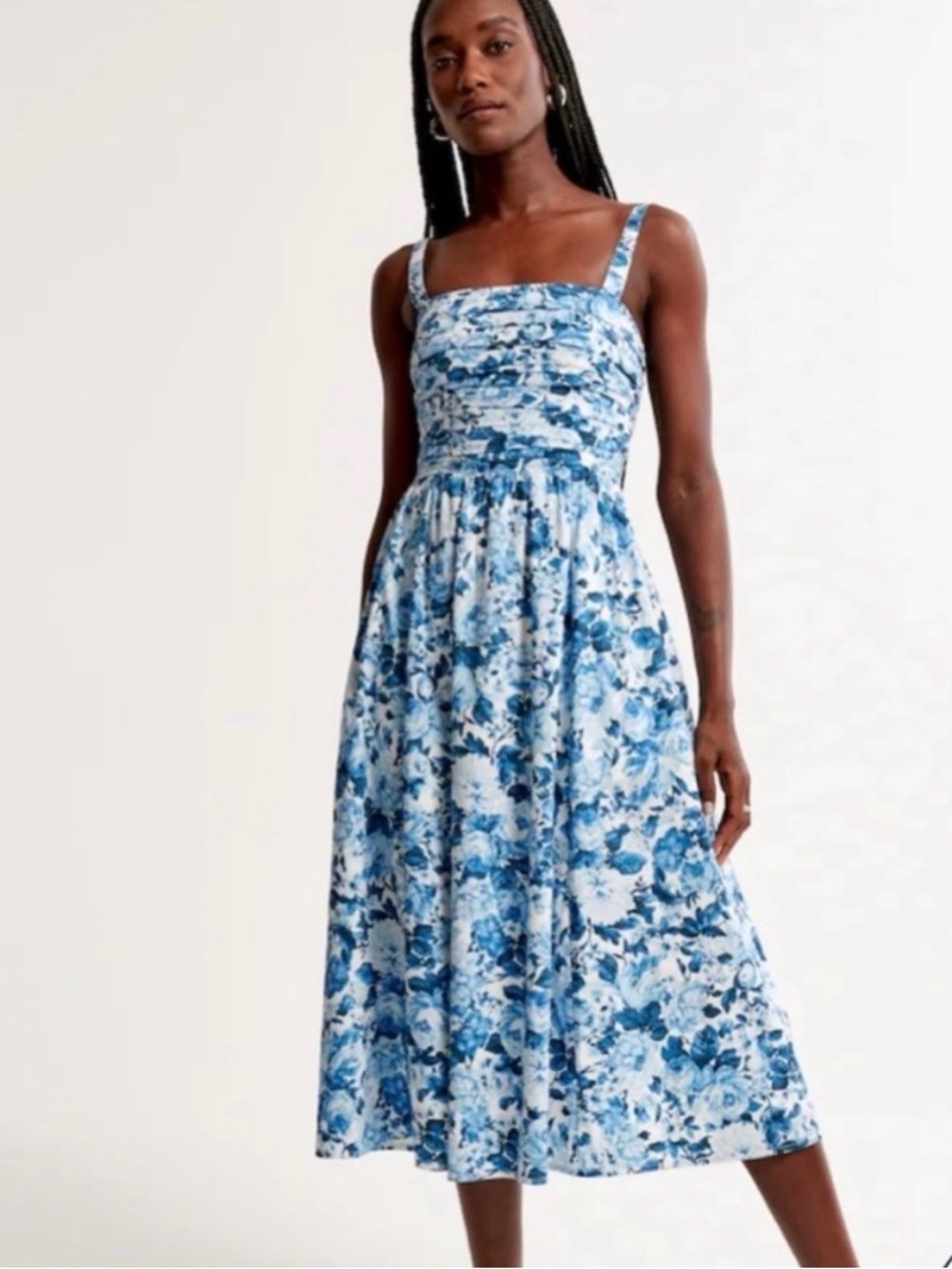 Abercrombie & Fitch Blue Floral Smocked Midi Dress